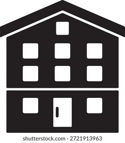 Un icono monocromático básico que representa una casa de dos pisos con un techo a dos aguas y ventanas.