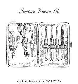 Basic nail tools, manicure, pedicure kit, hand drawn doodle sketch with inscription, isolated vector color illustration