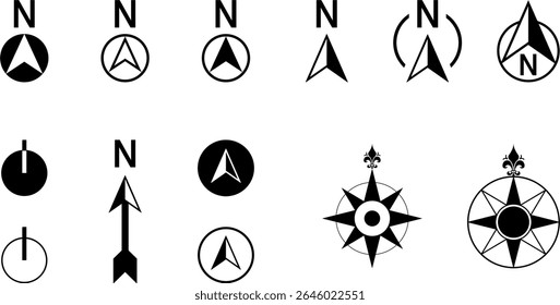 Basic North Arrow Mark Sign Symbol Icon Set for Site Plan and Map Orientation. Vector Image.