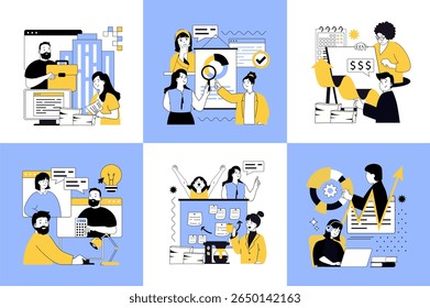 Concepto de oficina Básica de Anuncios de redes sociales listo para el Diseño web. Personas de comunicación, desarrollo de negocios, lluvia de ideas, hacer inversiones, estrategia de planificación, ganar dinero. Ilustraciones vectoriales.