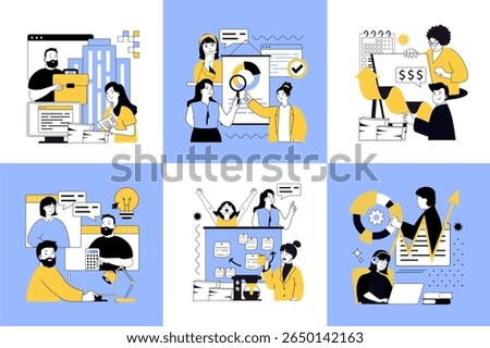 Basic office concept of social media banners set for web design. People communicating, developing business, brainstorming, making investments, planning strategy, earning money. Vector illustrations.