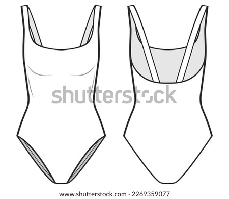 basic One Piece Swimsuit fashion drawing template. with a scoop neckline, low back, and elasticated shoulder straps. Swimsuit fashion flat illustration. front view, back view, white color, mockup