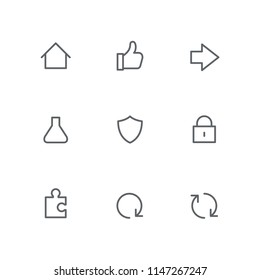 Basic outline icon set - home, arrow, test tube, shield, lock, piece of the puzzle, refresh or reload symbols. Business, internet and security vector signs.