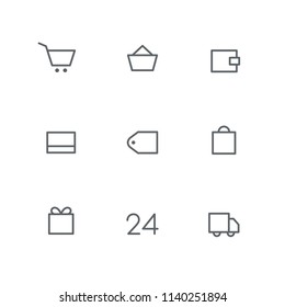 Basic outline icon set - shopping cart, basket, wallet, credit card, price tag, bag, gift, open hours and car symbols. Online store, around the clock shop, delivery, payment and purchase vector signs.