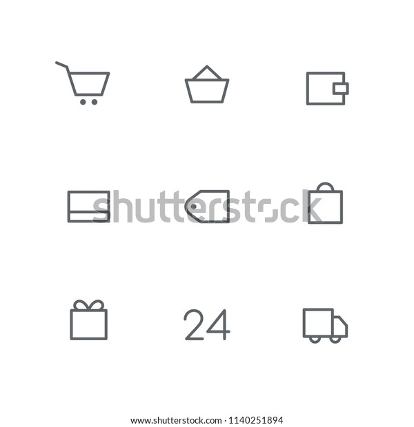 Basic outline icon set - shopping cart, basket,
wallet, credit card, price tag, bag, gift, open hours and car
symbols. Online store, around the clock shop, delivery, payment and
purchase vector signs.