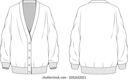 Basic oversize knitwear cardigan technical drawing vector