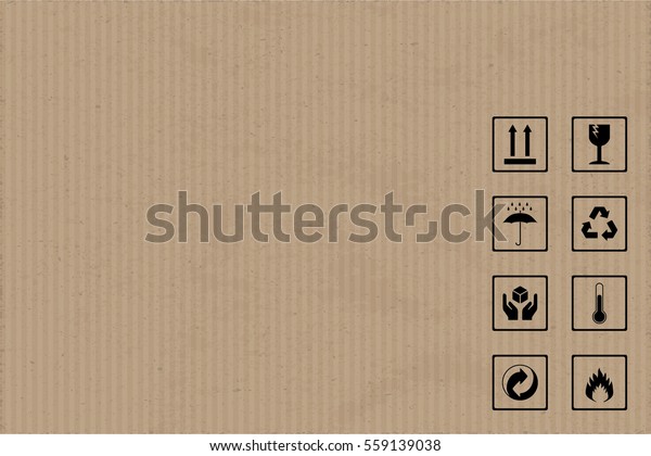 リアルなダンボールの背景に基本的な梱包シンボル 茶色のクラフト紙のテクスチャーベクター画像テンプレート フラットグラフィックデザイン のベクター画像素材 ロイヤリティフリー
