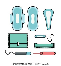 Almohadillas básicas, tampón y iconos menstruales de taza. Icono de higiene menstrual para mujeres.