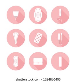 Basic pads, tampon and cup menstrual icons. Menstrual hygiene icon for women.