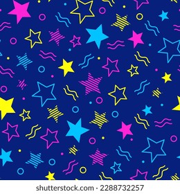 basic pattern with star, points and lines of colors on dark blue background