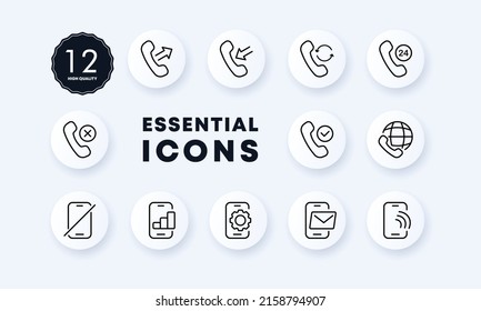 Basic Phone Function Set Icon. Incoming, Outgoing, Received, Rejected, Missed Call. Support Service. Number. Silent Mode. Settings, Messages. Neomorphism Style. Vector Line Icon For Business