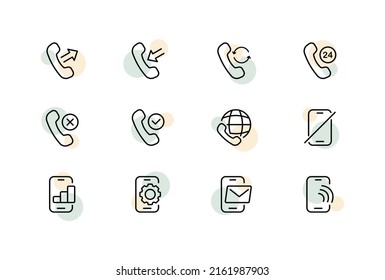 Basic Phone Function Set Icon. Incoming, Outgoing, Received, Rejected, Missed Call. Support Service. Number. Silent Mode. Settings, Messages. Vector Line Icon For Business And Advertising