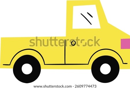 A basic pickup truck with bold outlines and minimal details. The vehicle is depicted in a straightforward style with geometric shapes and clean lines. Cartoon vector illustration.