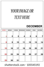 Basic Planner Calendar for the Month of December in 2013 with area to add a photo/company logo or text (EPS10)