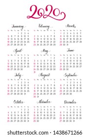 Basic pocket calendar layout for 2020 year. Annual calendar classic light design for printing vector illustration. English square template with dates grid on white background. Week starts from Sunday.