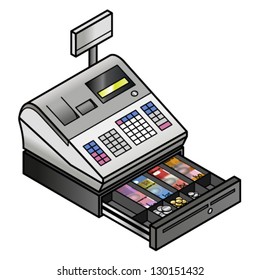 A basic point of sale cash register with opened cash drawer containing notes and coins.