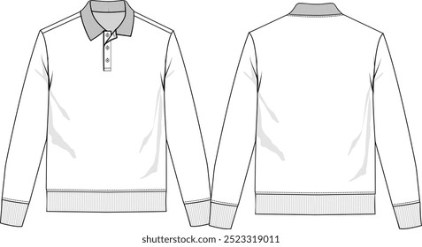 Basic polo shirt with collar, button placket, long sleeve, rib cuff and bottom rib band,  front and back sketch