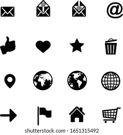 Basic popular vector web icons set. Solid plain monochrome flat tile. Simple contemporary modern style. Web design element. Black silhouette on white background.