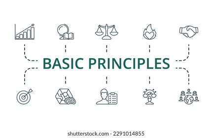 Basic principles outline set. Creative icons: growth, knowledge, justice, passion, trust, accuracy, logic, responsibility, imagination, tolerance.