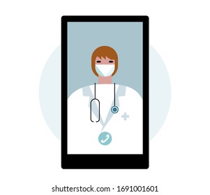 Basic protective measures against the new coronavirus COVID-19. Online help and support. Doctor works remotely. Advice to save from virus. Vector illustration EPS 10 isolated
