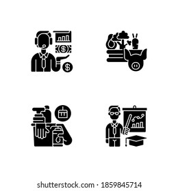Basic public needs black glyph icons set on white space. Economic activity. Agribusiness. Hygiene products. Teachers. Financial operations. Silhouette symbols. Vector isolated illustration