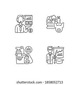 Basic public needs linear icons set. Economic activity. Agribusiness. Hygiene products. Teachers. Customizable thin line contour symbols. Isolated vector outline illustrations. Editable stroke