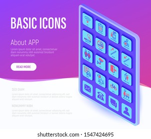 Basic public signs web page template. Buttons on tablet with thin line isometric icons. Free wi-fi, waste basket, disabled people, fire extinguisher, smoking place, down stairs. Vector illustration