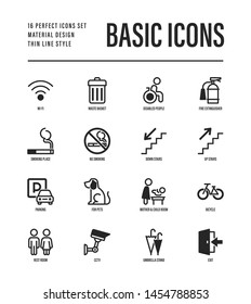 Basic public signs: wi-fi, waste basket, disabled people, fire extinguisher, smoking place, down stairs, up stairs, parking, mother and child room, bicycle. Thin line icons. Vector illustration.