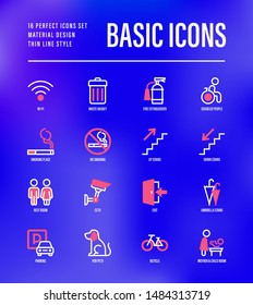 Basic public signs: wi-fi, waste basket, disabled people, fire extinguisher, smoking place, down stairs, up stairs, parking, mother and child room, bicycle. Thin line icons. Vector illustration.