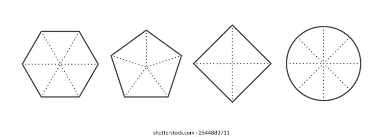 Conjunto de formas de linha de gráfico de radar básico. Diagrama para análise. Pentágono, hexágono, estrutura quadrada infográfica. Ilustração vetorial