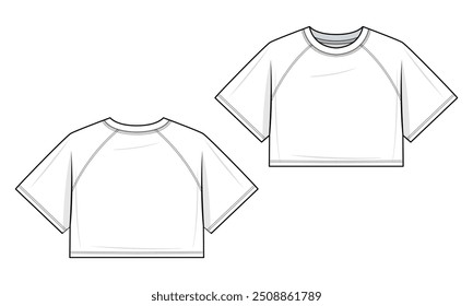 Basic Raglan T-shirt flat technical fashion illustration. Raglan Tee vector template illustration. front and back view. regular fit. drop shoulder. unisex. white color. CAD mockup set.