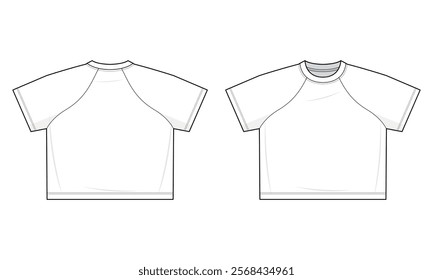 Basic raglan T-shirt flat technical fashion illustration. Raglan Tee shirt vector template illustration. front and back view. regular fit. drop shoulder. unisex. white color. CAD mockup.