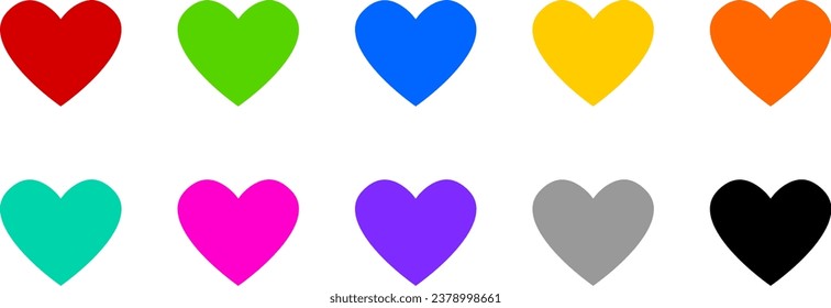 Basic Red Green Yellow Blue Orange Pink Purple Gray and Black Heart Symbol Sign Icon Set. Vector Image.