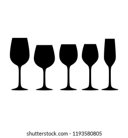 Basic red, white and sparkling wine glasses silhouette vector set. Black isolated wineglass collection.