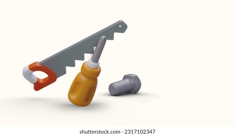 Basic repairs, simple jobs. Repair of minor damage. Fitting and installation of furniture. Modern poster with realistic illustration. Home improvement. Floating instruments