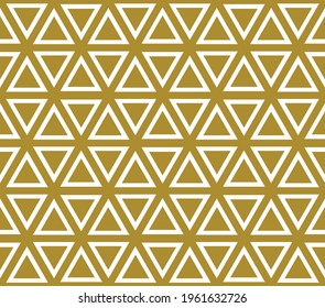 Basic repeating hexagon pattern with triangle sements in gold color fill and outline on a white background, geometric vector illustration