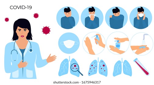Basic RGBCOVID-19. Coronavirus prevention and symptoms set. Headache. The man puts on a protective mask, coughs. Female doctor in a medical coat. To wash hands with soap. Infected lungs. Disinfection