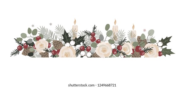 Basic RGBVector Christmas border with fir branches, beriies, roses, ilex and cones. Decorative frame design