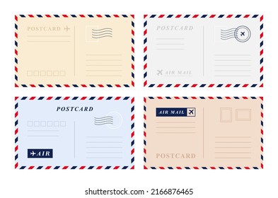 Basic RGBVintage retro postcard template set. Air mail envelope with postage stamp, postage card. Vector graphic design.