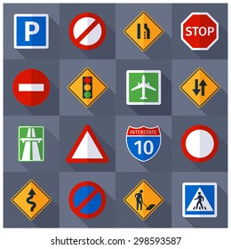 Basic road traffic warning regulatory prohibiting and informative signs flat  pictograms banner print abstract vector isolated  illustration