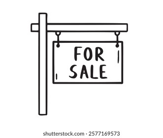 Basic for sale sign doodle hand drawn icon. Outline drawing for real estate, advertising, selling house, property concept line clipart symbol. Vector illustration