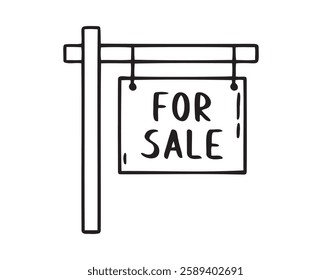 Basic for sale sign doodle hand drawn icon. Outline drawing for real estate, advertising, selling house, property concept line clipart symbol. Vector illustration