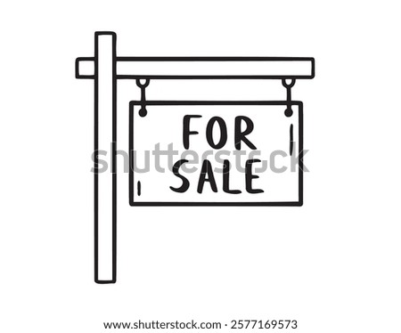 Basic for sale sign doodle hand drawn icon. Outline drawing for real estate, advertising, selling house, property concept line clipart symbol. Vector illustration