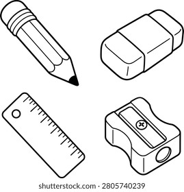 Basic School Supplies Coloring Page | Pencil, Eraser, Ruler and Sharpener for Kids