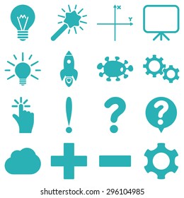 Basic science and knowledge vector icons. These plain symbols use cyan color and isolated on a white background.