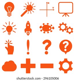 Basic science and knowledge vector icons. These plain symbols use orange color and isolated on a white background.