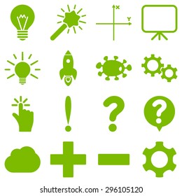 Basic science and knowledge vector icons. These plain symbols use eco green color and isolated on a white background.