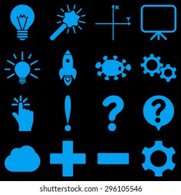 Basic science and knowledge vector icons. These plain symbols use blue color and isolated on a black background.