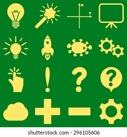 Basic science and knowledge vector icons. These plain symbols use yellow color and isolated on a green background.