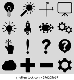 Basic science and knowledge vector icons. These plain symbols use black color and isolated on a light gray background.